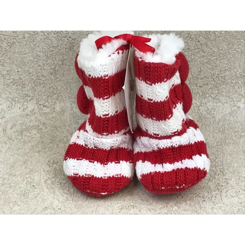 Mudpie Baby Booties 0-6 Months Red White Stripe‎ Cable Knit Shoes 2010 New